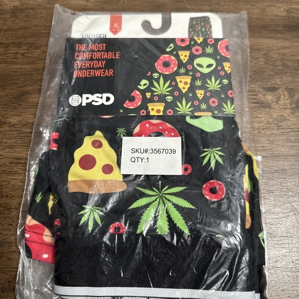 New PSD Underwear Men's Black Munchies Leaf Pizza Donut Boxer Brief NWT XL 40-42